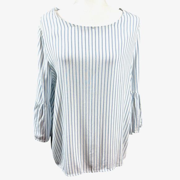 Philosophy Blue White Striped Peasant Blouse Large Top Flared Flutter 3/4 Sleeve - Picture 1 of 16